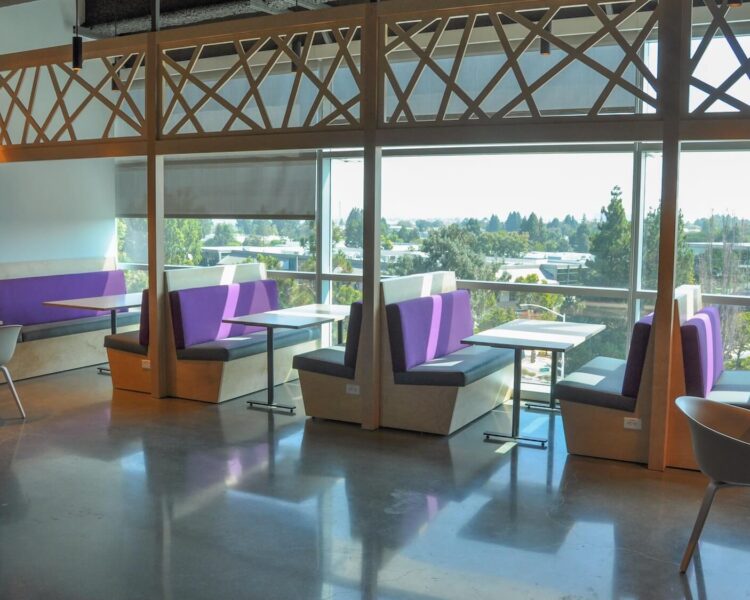 Several plywood banquettes with upholstered seat cushions in a dark color and seat back cushions in purple